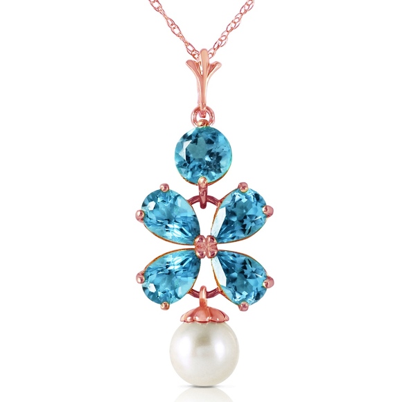 14K. SOLID GOLD NECKLACE WITH BLUE TOPAZ & PEARL - Picture 3 of 6